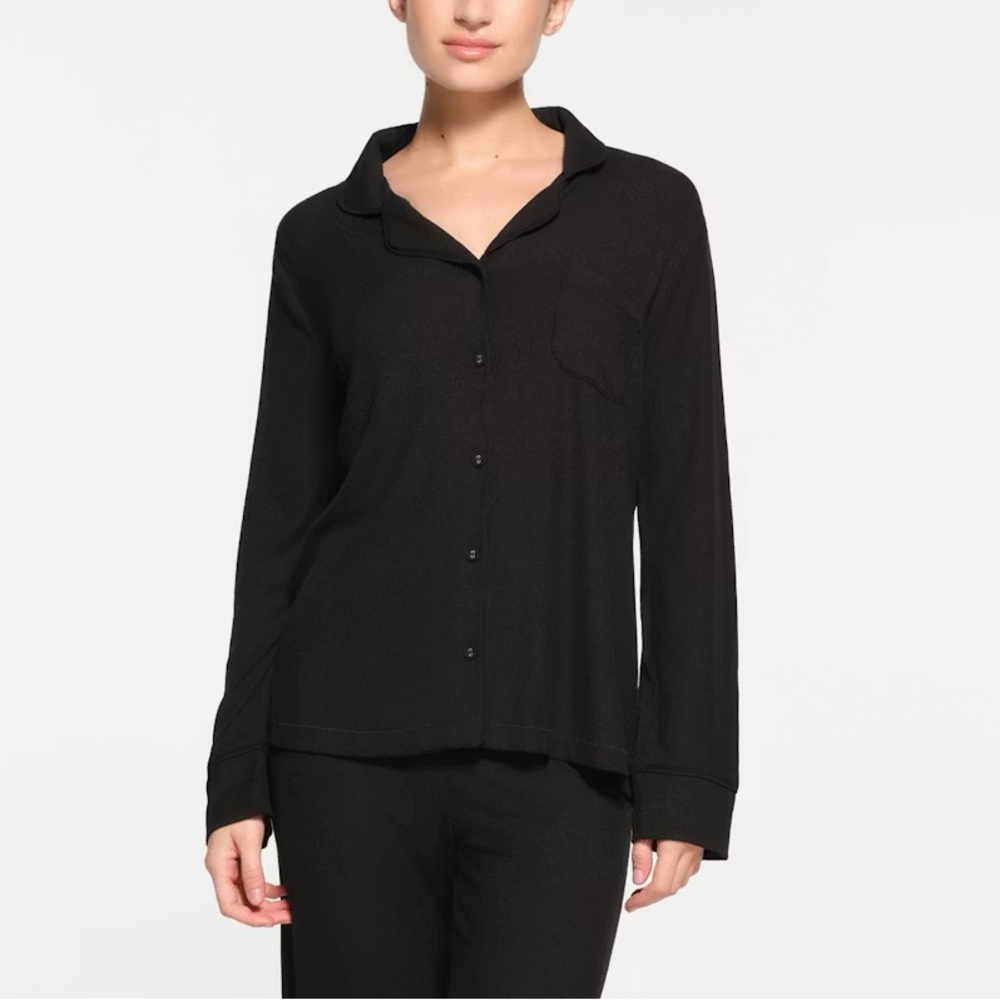 Skims Black Onyx Soft Lounge Pajama Top Ribbed Long Sleeve Size XS
